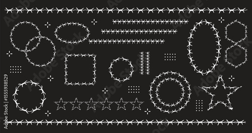Barbed wire. Template of brush, barbwire set isolated silhouette