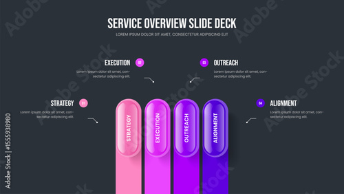 Business Launch Frame Template Vector Illustration. Professional Visualization 4 Option Diagram Presentation Layout. Marketing Portfolio Four Element Infographic Slide Design.