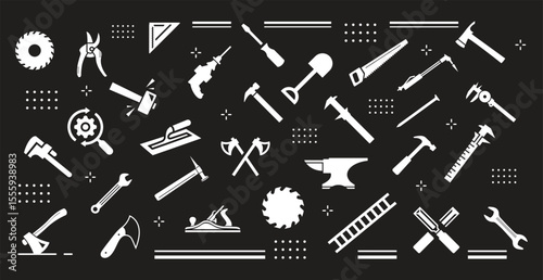 Big Set of Working Tools Icon (Flat Silhouette Version)