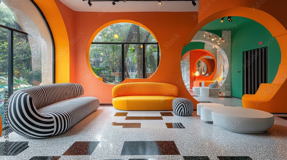 Fototapeta premium Retro-inspired lounge with bold striped chairs, geometric floor and vibrant, modern interior design