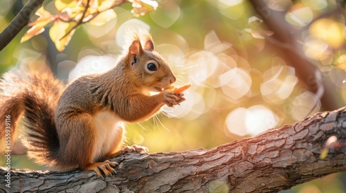 Curious Reddish Brown Squirrel Nibbling Wafer on Tree Branch at Sunrise