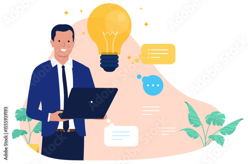 Smiling businessman holding a laptop, with a large glowing lightbulb and thought bubbles, representing a new idea, creative solution, or innovative business concept. Flat design vector illustration
