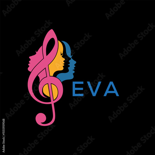 EVA Colorful Music Logo, with Female Silhouettes and Treble, Clef EVA Later Logo,  Colorful Music Logo, with Female Silhouettes and Treble Clef.
