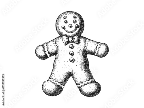 Vintage Christmas gingerbread man, festive holiday treat, hand-drawn decor, retro style sketch, old engraving look, rustic holiday cookie art, Xmas food illustration, ink drawing