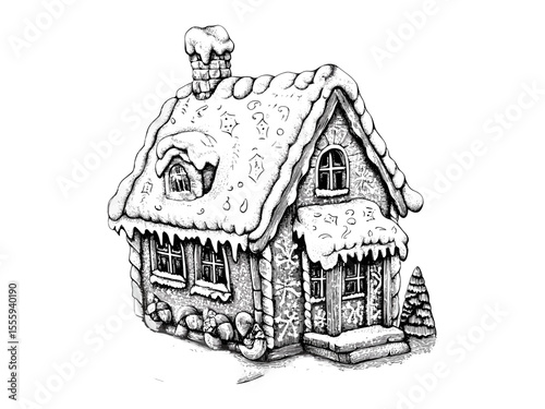 Vintage gingerbread house engraving, hand-drawn Christmas treat in old black sketch style, festive seasonal decor, trendy art, holiday sweets, rustic Christmas illustration, cozy winter art