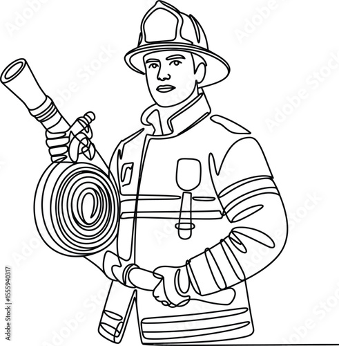 Firefighter Holding Hose Line Art Illustration