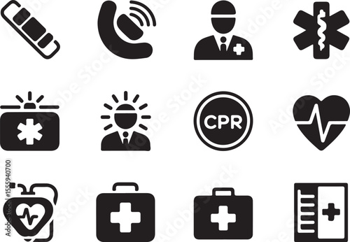 Essential Medical Icons First Aid, CPR, Emergency, Healthcare Symbols