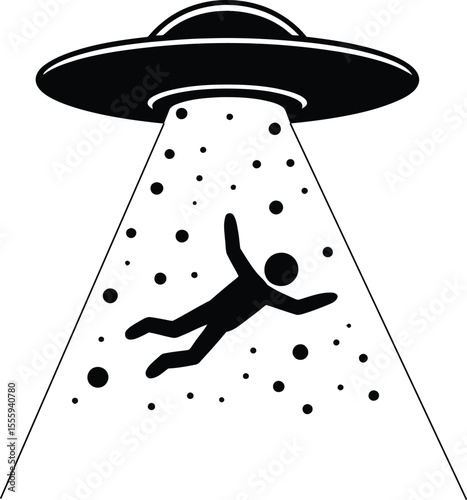 Silhouette of Person Being Abducted by UFO Spaceship Beam Vector Icon