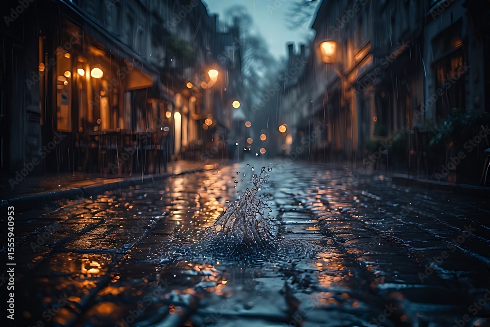 Fototapeta premium Rainy Street: A cobblestone street glistens under the soft glow of streetlights, reflecting the rain as it gently falls on the old town buildings. This urban scene is a study in atmosphere, light.