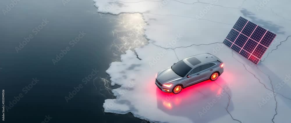 Elektrofahrzeug auf schmelzendem Eis mit Solarpanel – Symbol für Hoffnung in der Klimakrise. Künstliche Intelligenz KI