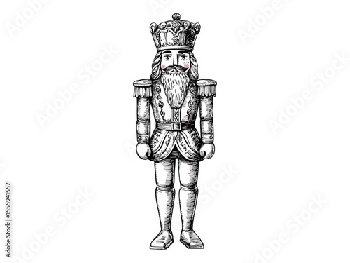 Christmas nutcracker vintage engraving, black sketch hand-drawn style, retro holiday figure, festive seasonal decor, traditional winter illustration, antique Christmas design