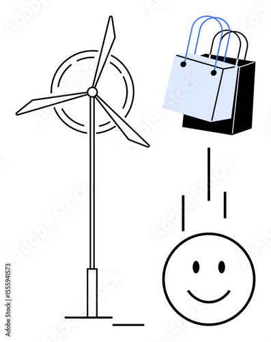 Wind turbine beside shopping bags dropping into a smiling face. Ideal for green energy, eco-friendly shopping, sustainability, happy customers, environmental responsibility, renewable resources