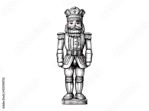 Vintage Christmas nutcracker engraving, retro festive decor figure, hand-drawn black line sketch style, old holiday motif, trendy seasonal illustration, classic winter art