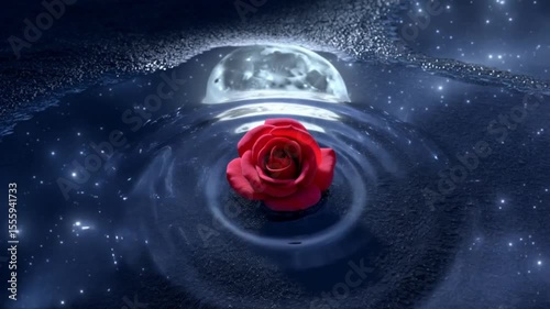 Red rose falling into water with moon reflection [romantic style]