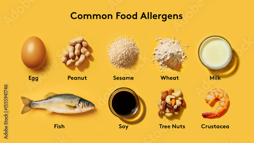 common food allergens design on plain yellow background
