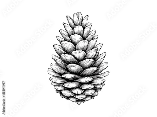 Vintage pinecone ornament engraving, Christmas tree decor, hand-drawn black line sketch, winter holiday motif, trendy seasonal illustration, old engraving style, rustic charm