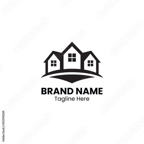A black and white logo displaying three houses with windows above a curved shape and brand name text