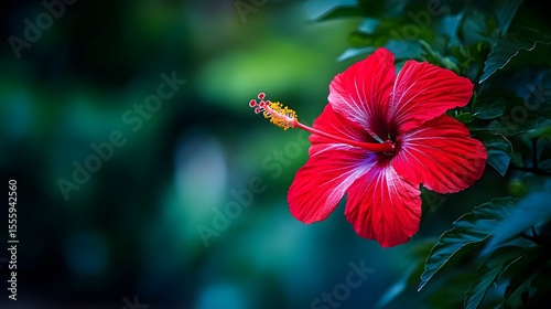Vibrant Red Hibiscus Flower Closeup on Lush Green Background