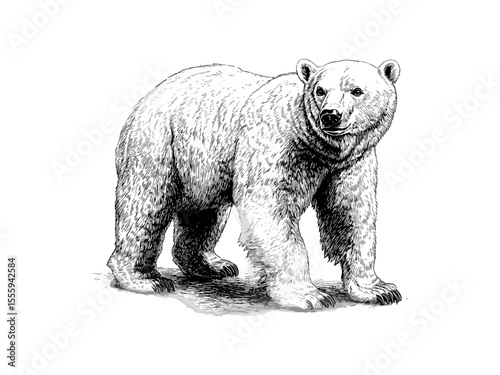 Vintage Christmas polar bear engraving, winter holiday animal, retro decor motif, black sketch style, seasonal wildlife illustration, old engraving, festive nature art, classic winter design