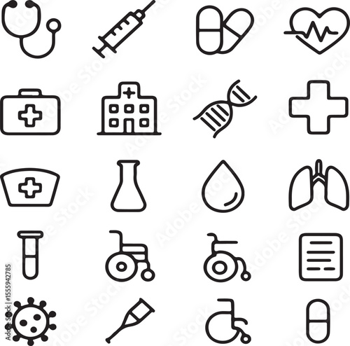 Medical icon set. Containing healthcare, doctor, hospital, ambulance, clinic, pharmacy, medicine, nurse, pills, treatment, surgery and more. Editable line icons. Vector illustration.