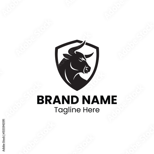 A black and white logo of a bull inside a shield with brand name and tagline text underneath it