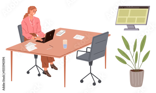 Professional woman typing on laptop at spacious desk with papers, a glass, office chair, potted plant, and screen. Ideal for work, productivity, office, remote job modern workspace focus simple