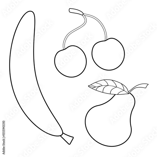 Set of white fruits with black outline: banana, pear and cherry. Vector illustration for children's worksheet, coloring book, print.