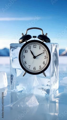 Alarm clock frozen inside clear ice cube against a bright sky and distant mountains on an icy surface evoking time and seasons.