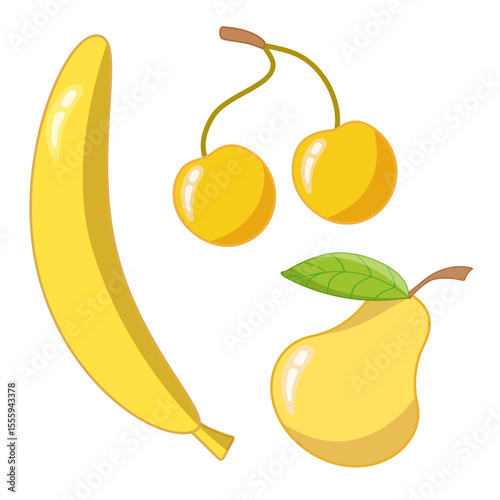 Set of yellow fruits: banana, pear and cherry on a white background. Vector illustration for children's activity book, worksheet, print.