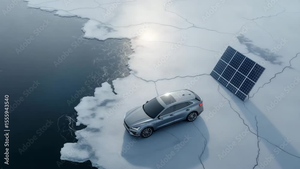 Elektrofahrzeug auf schmelzendem Eis mit Solarpanel – Symbol für Hoffnung in der Klimakrise. Künstliche Intelligenz KI