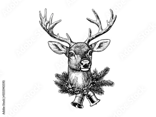 Vintage Christmas reindeer bell collar, hand-drawn holiday motif, festive animal accessory, retro sketch style, black engraving, seasonal decor, rustic winter charm, classic winter ornament