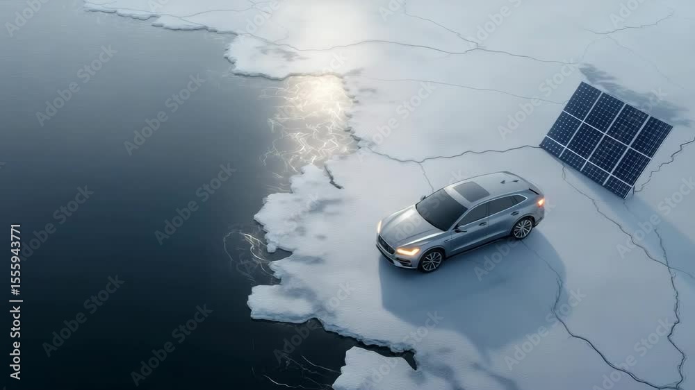 Elektrofahrzeug auf schmelzendem Eis mit Solarpanel – Symbol für Hoffnung in der Klimakrise. Künstliche Intelligenz KI