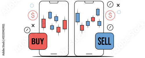 Flat UI Illustration of a Mobile Trading App Screen With Line Chart and Buy Sell Buttons, Featuring Minimal Elements for Finance