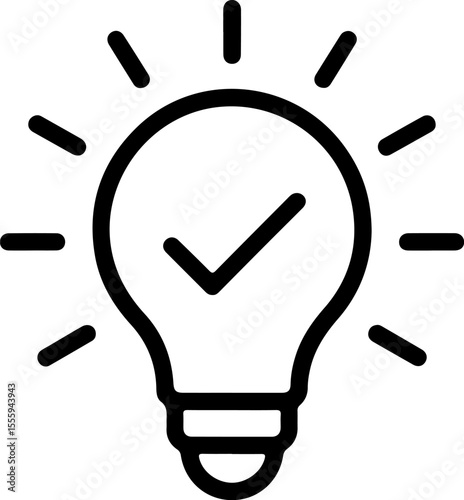 Simple black line art icon of a light bulb with a check mark inside