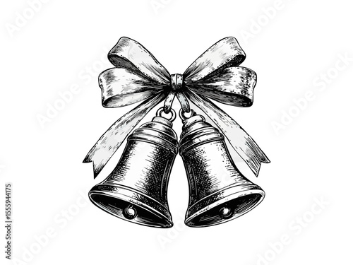 Hand-drawn Christmas bell and ribbon engraving, vintage festive decor, seasonal holiday musical motif, black sketch style, traditional engraving, winter celebration element