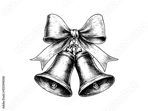 Vintage Christmas sleigh bell ribbon engraving, festive holiday musical decor icon, hand-drawn seasonal motif, black sketch style, old engraving, traditional winter ornament
