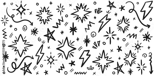 Star Doodle Icon Set on Transparent Background, Hand Drawn Lightning Bolt and Scribble Element Pack for Pop Art Design and Fun Decoration Vector Illustration
