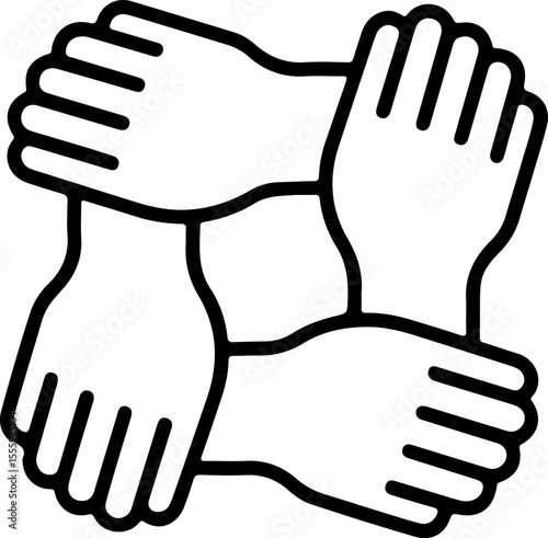 Four hands linked together in a circle symbolizing unity teamwork and support
