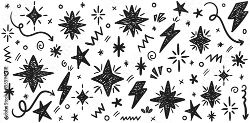 Star Doodle Icon Set on Transparent Background, Hand Drawn Lightning Bolt and Scribble Element Pack for Pop Art Design and Fun Decoration Vector Illustration