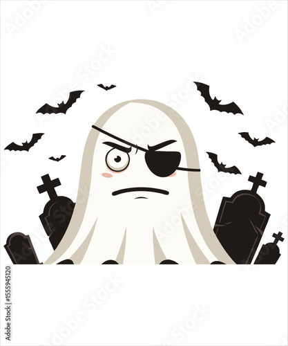 Cute Ghost with Eyepatch in a Graveyard Setting for Halloween