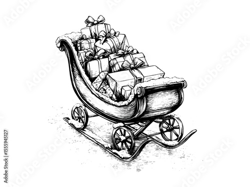 Festive sleigh with Christmas gifts, vintage sketch in black, winter holiday transport, engraved retro decor, seasonal illustration, traditional rustic artwork,