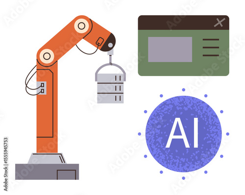 Robotic arm lifting server, AI node, and interface window. Ideal for automation, AI systems, technology, robotics, digital transformation, data processing simple flat metaphor