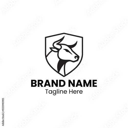 A minimalist logo featuring a bull's head inside a shield with brand name and tagline below it