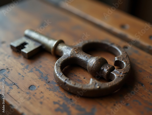 A close-up photograph of a rusty old key on a wooden table, highlighting its texture and patina
