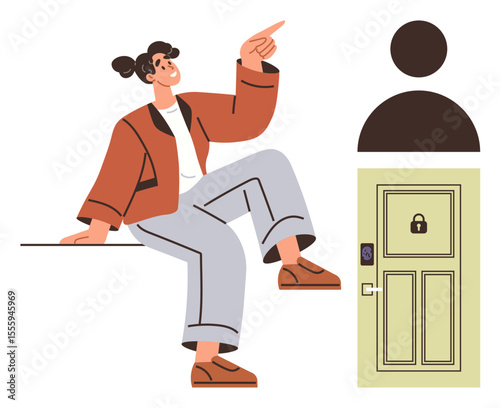 Person sitting, gesturing upwards near locked door and user profile icon. Ideal for security, identity, access, confidence, technology, personal data, simple flat metaphor