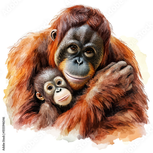 A Mother Orangutan With Her Kid, watercolor vector, isolated on a white background.