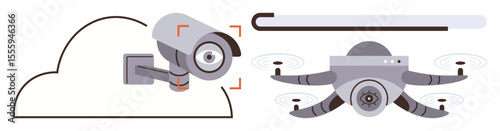 CCTV camera and drone connected via cloud system, emphasizing security, automation, and data processing. Ideal for monitoring, privacy, safety, technology, innovation automation futuristic