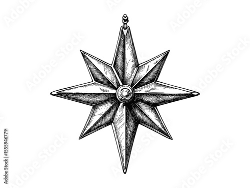 Christmas star ornament, vintage engraving style, festive tree topper, black sketch, hand-drawn holiday decoration, classic seasonal illustration, elegant winter holiday art