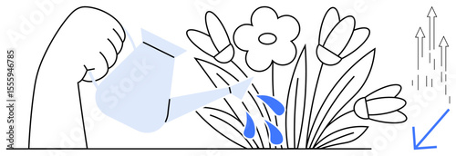 Hand pours water onto blooming flowers, nurturing growth and vitality. Ideal for growth, progress, nurturing, sustainability, potential, development success. Simple flat metaphor