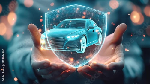 A businessperson holds a holographic car shield, symbolizing advanced technology, innovation, and modern car protection systems.